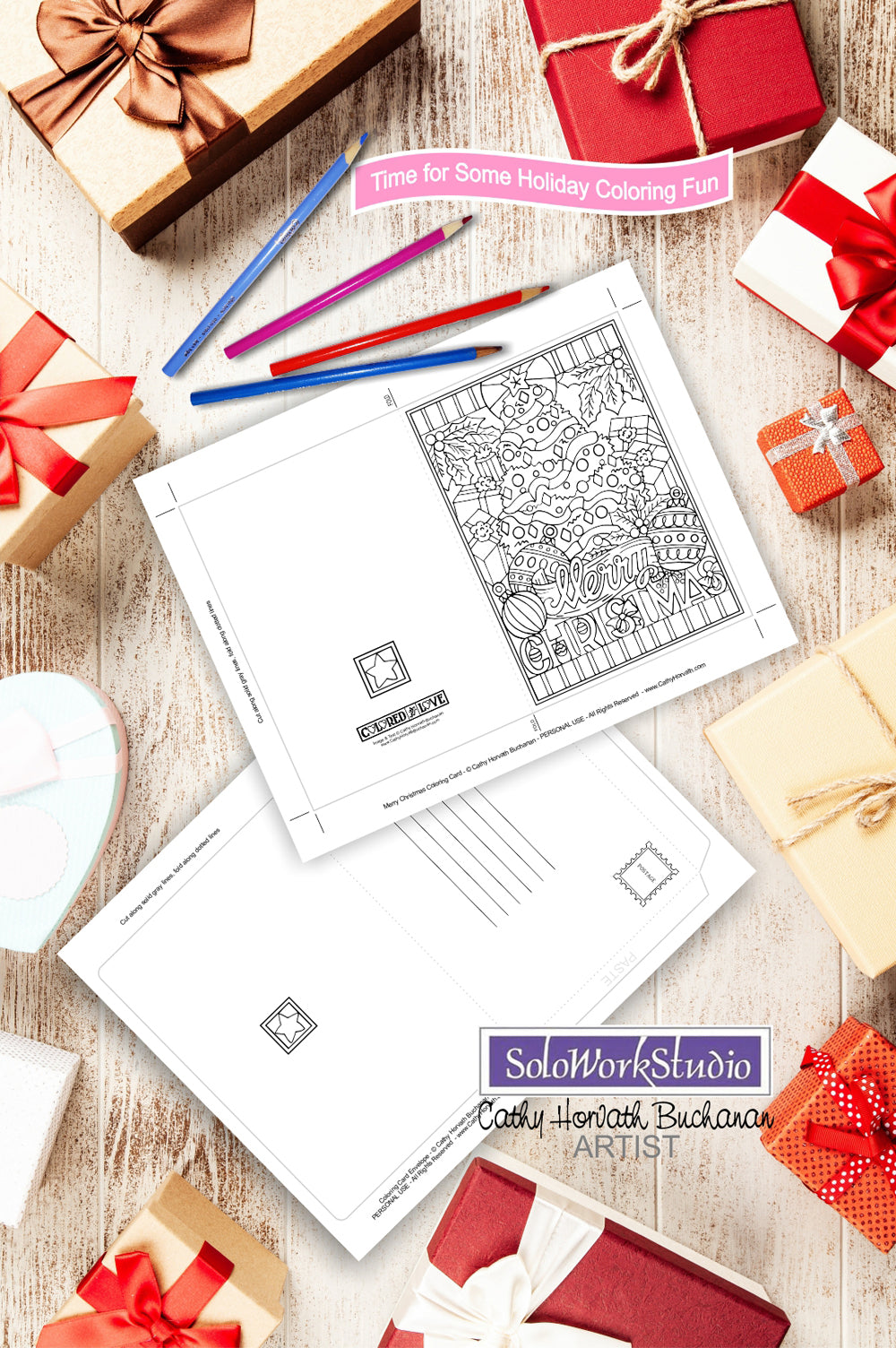 Merry Christmas Coloring Card Kit, Holiday Tree Card + Envelope, PDF Download Printable by Cathy Horvath Buchanan