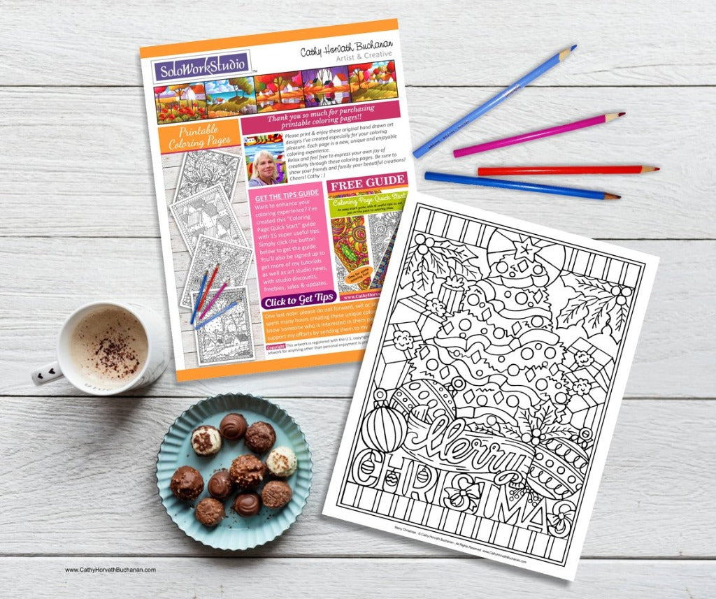 Christmas Holiday Coloring Pages 4 pack, Coloring Book, PDF Download Printable by Cathy Horvath Buchanan