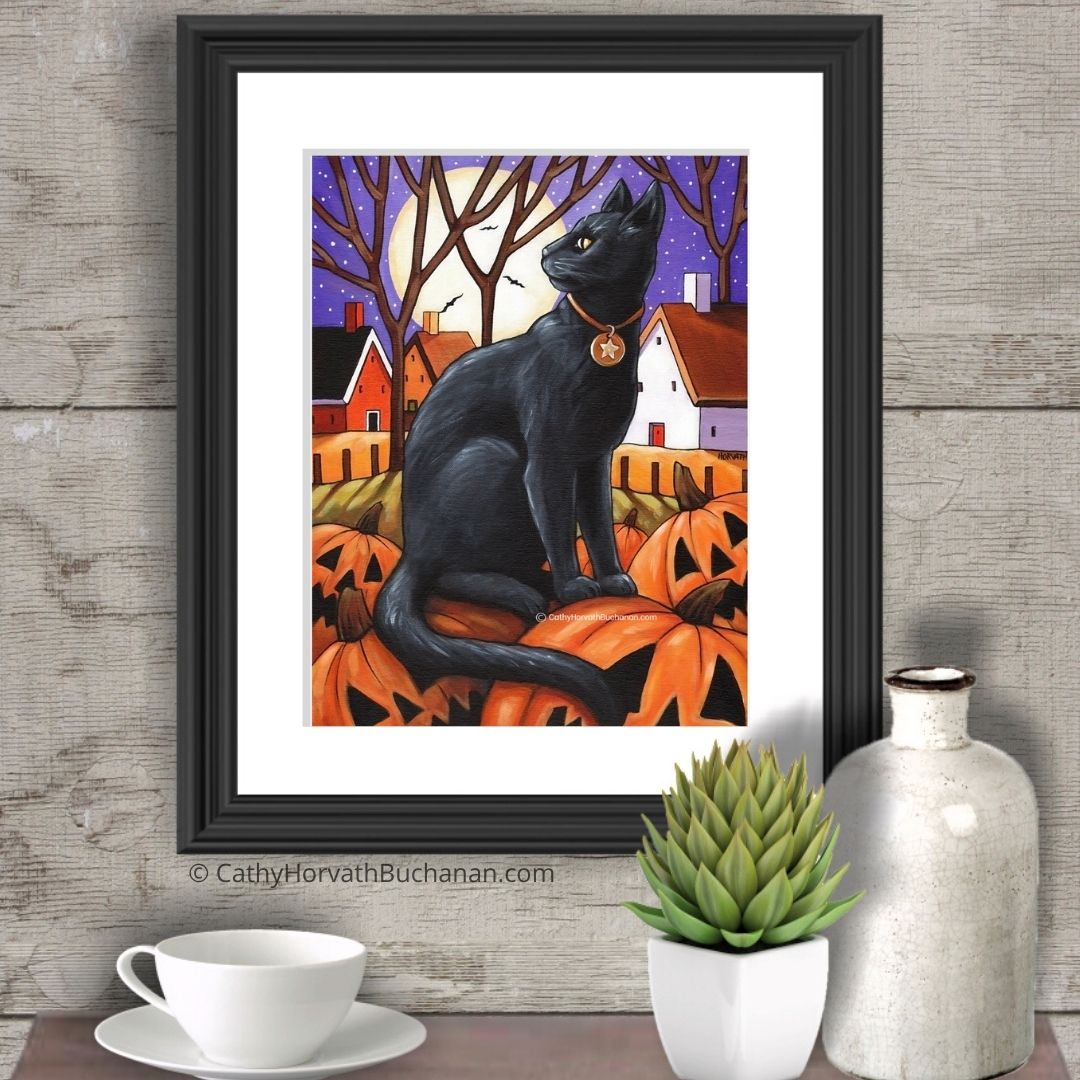 Moon Cat & Pumpkins - Art Print by artist Cathy Horvath Buchanan