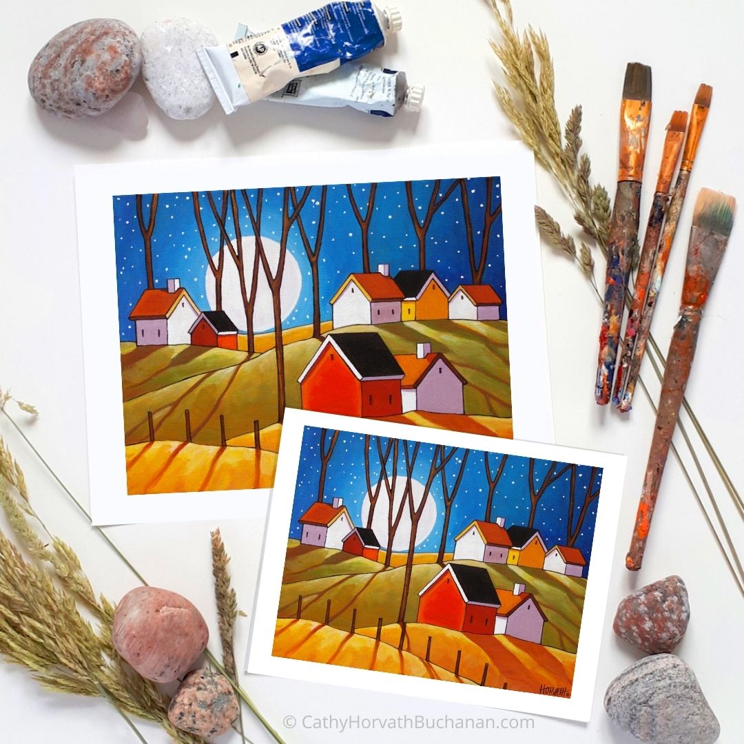 Moon Glow Cottages Autumn Night Folk Art Print, Cozy Fall Halloween Landscape Artwork by artist Cathy Horvath Buchanan
