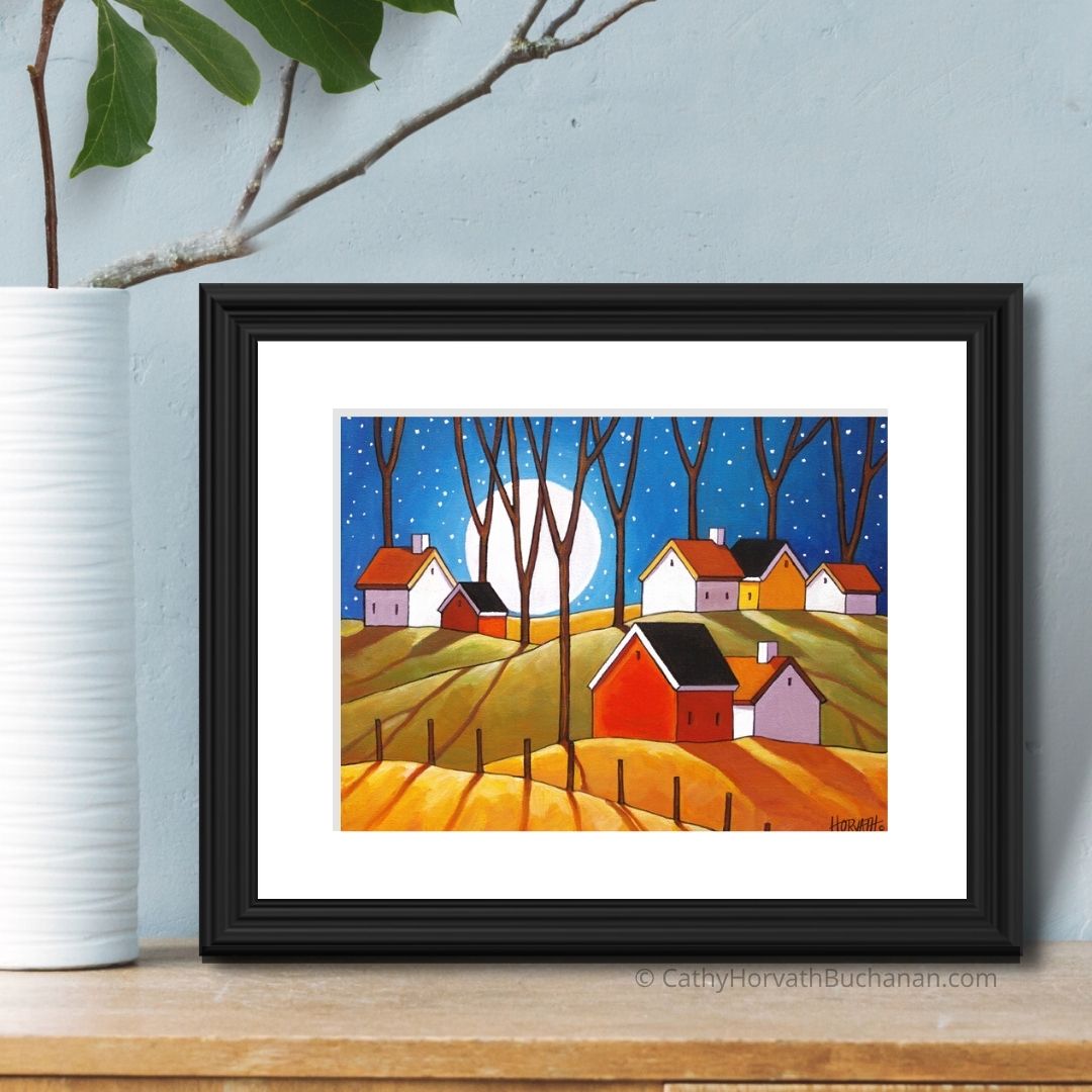 Moon Glow Cottages Autumn Night Folk Art Print, Cozy Fall Halloween Landscape Artwork by artist Cathy Horvath Buchanan