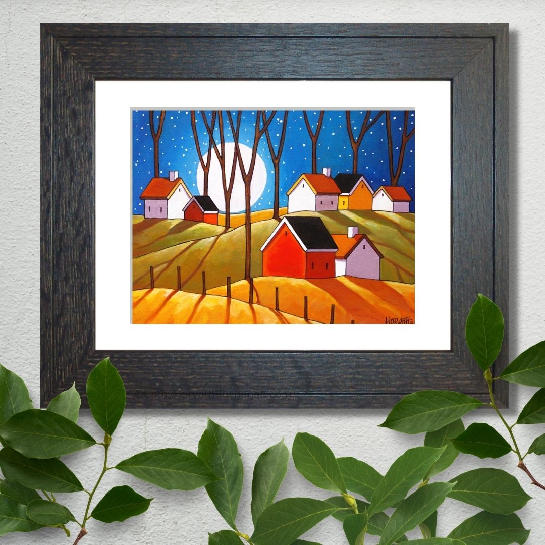 Moon Glow Cottages Autumn Night Folk Art Print, Cozy Fall Halloween Landscape Artwork by artist Cathy Horvath Buchanan