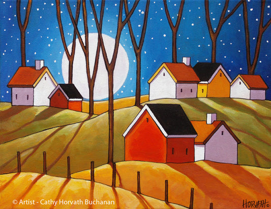 Moon Glow Cottages Autumn Night Folk Art Print, Cozy Fall Halloween Landscape Artwork by artist Cathy Horvath Buchanan