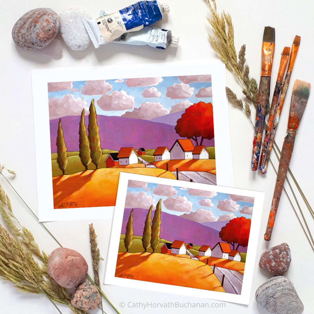 Purple Mountain Country Road, Modern Folk Art Print, Landscape Giclee by artist Cathy Horvath Buchanan