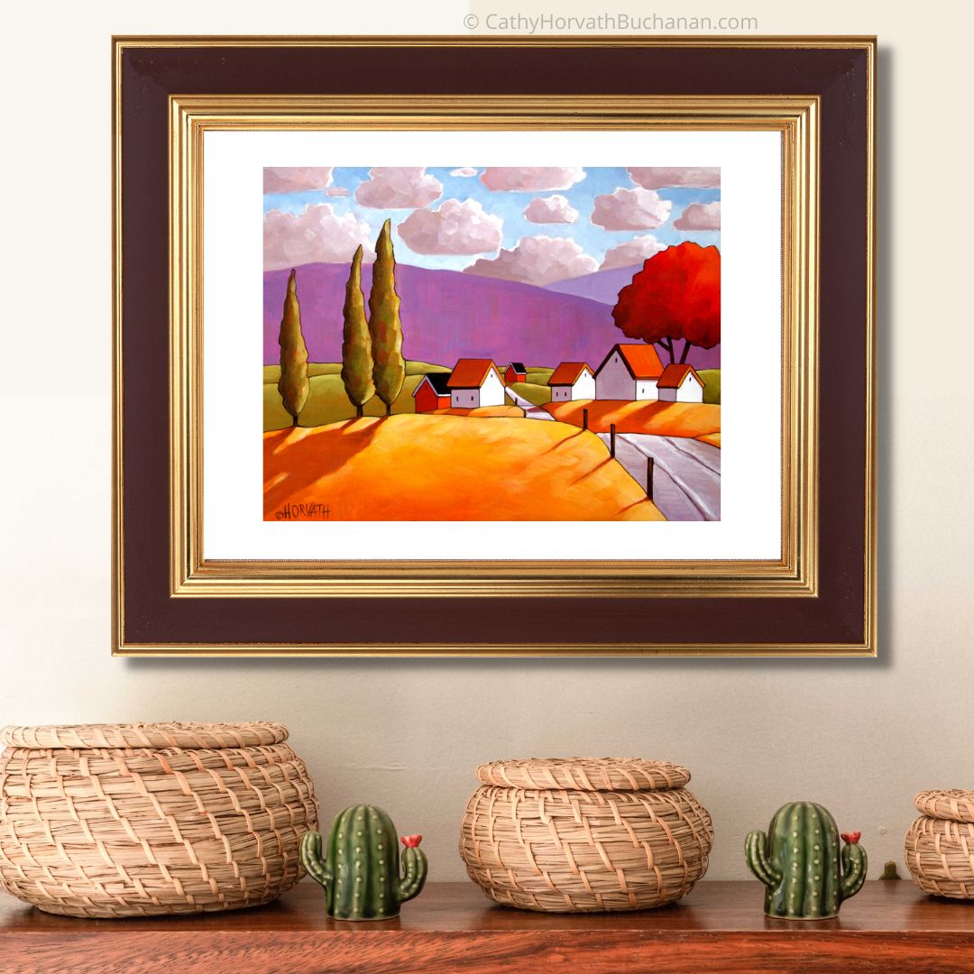Purple Mountain Country Road, Modern Folk Art Print, Landscape Giclee by artist Cathy Horvath Buchanan