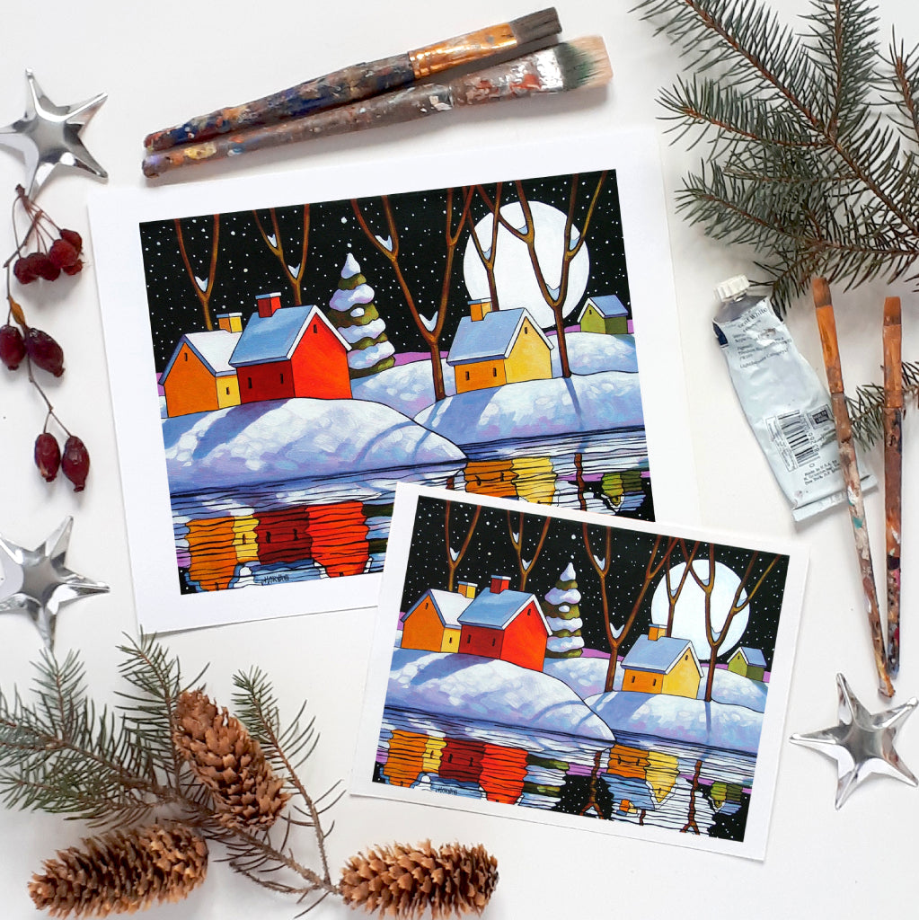 Christmas Night Moon Giclee, Snowy Winter Reflection Art Print by artist Cathy Horvath Buchanan