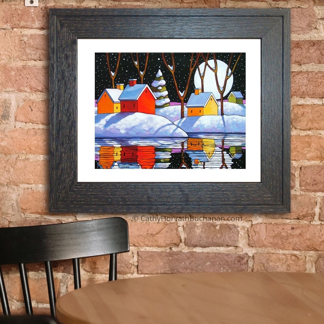 Christmas Night Moon Giclee, Snowy Winter Reflection Art Print by artist Cathy Horvath Buchanan