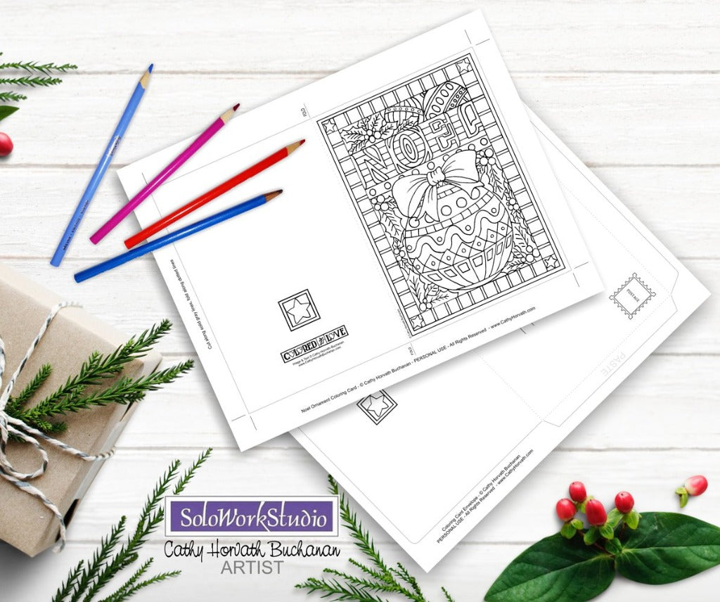 Christmas Holiday Coloring Cards 4 Set Kit + Envelope, PDF Download by Cathy Horvath Buchanan