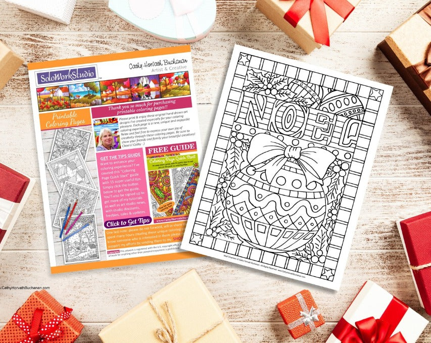 Noel Christmas Ornament Coloring Page Design, PDF Download Printable by Cathy Horvath Buchanan