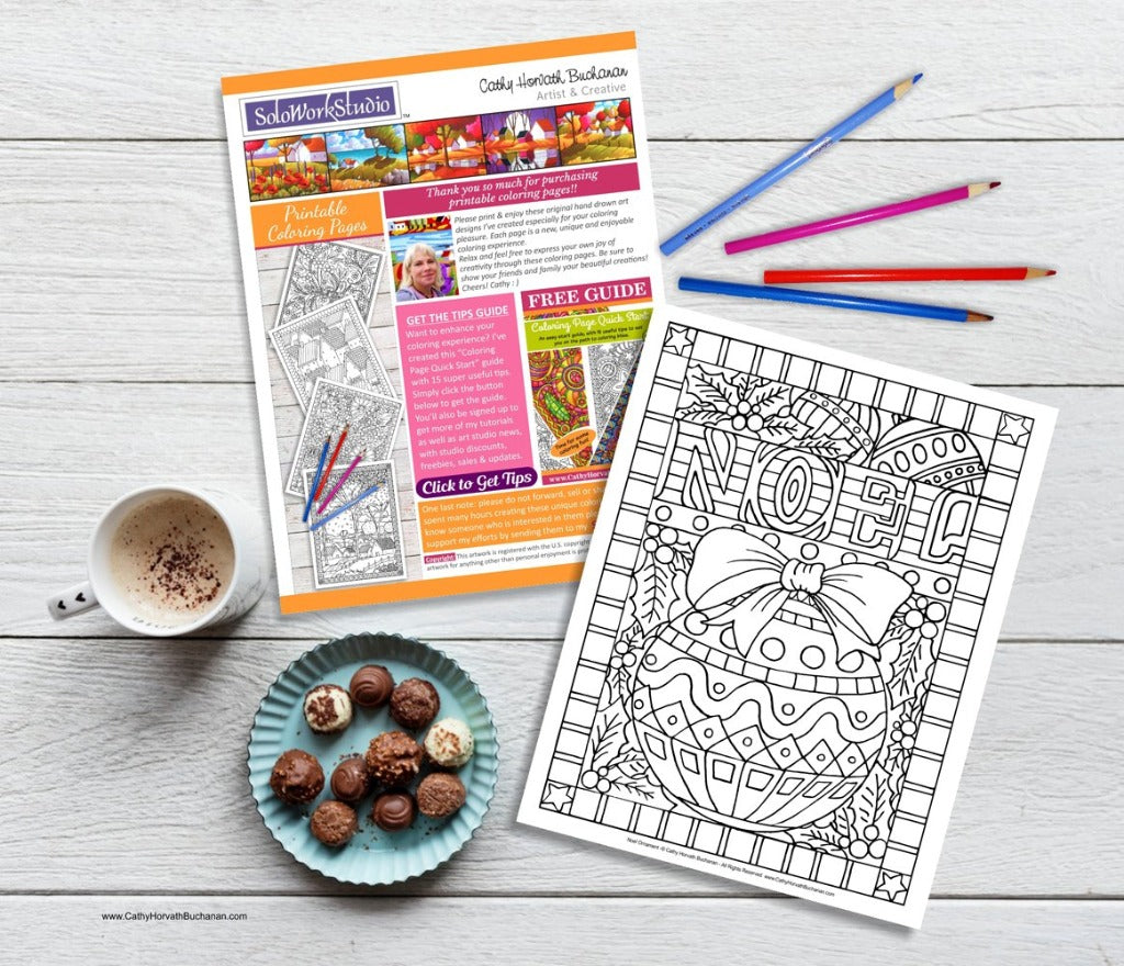 Christmas Holiday Coloring Pages 4 pack, Coloring Book, PDF Download Printable by Cathy Horvath Buchanan