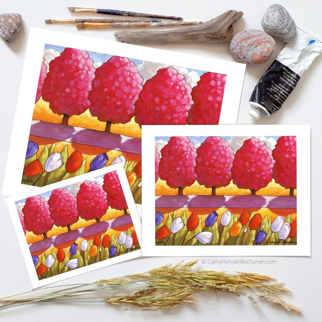 Pink Trees Tulips Garden Path, Spring Folk Art Print, Wall Decor Giclee by artist Cathy Horvath Buchanan