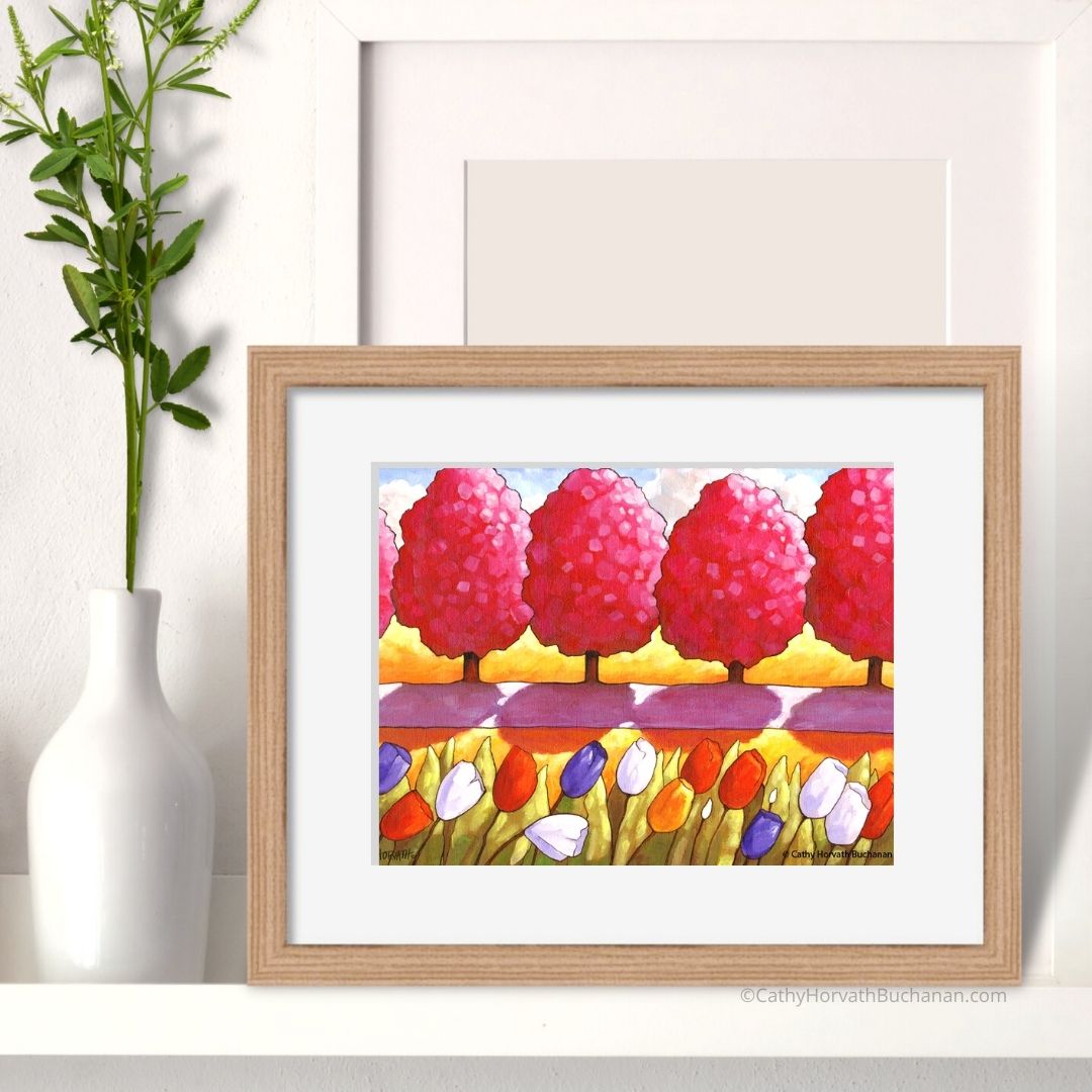 Pink Trees Tulips Garden Path, Spring Folk Art Print, Wall Decor Giclee by artist Cathy Horvath Buchanan