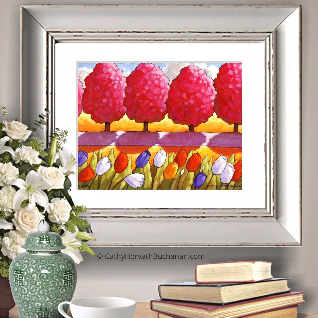 Pink Trees Tulips Garden Path, Spring Folk Art Print, Wall Decor Giclee by artist Cathy Horvath Buchanan