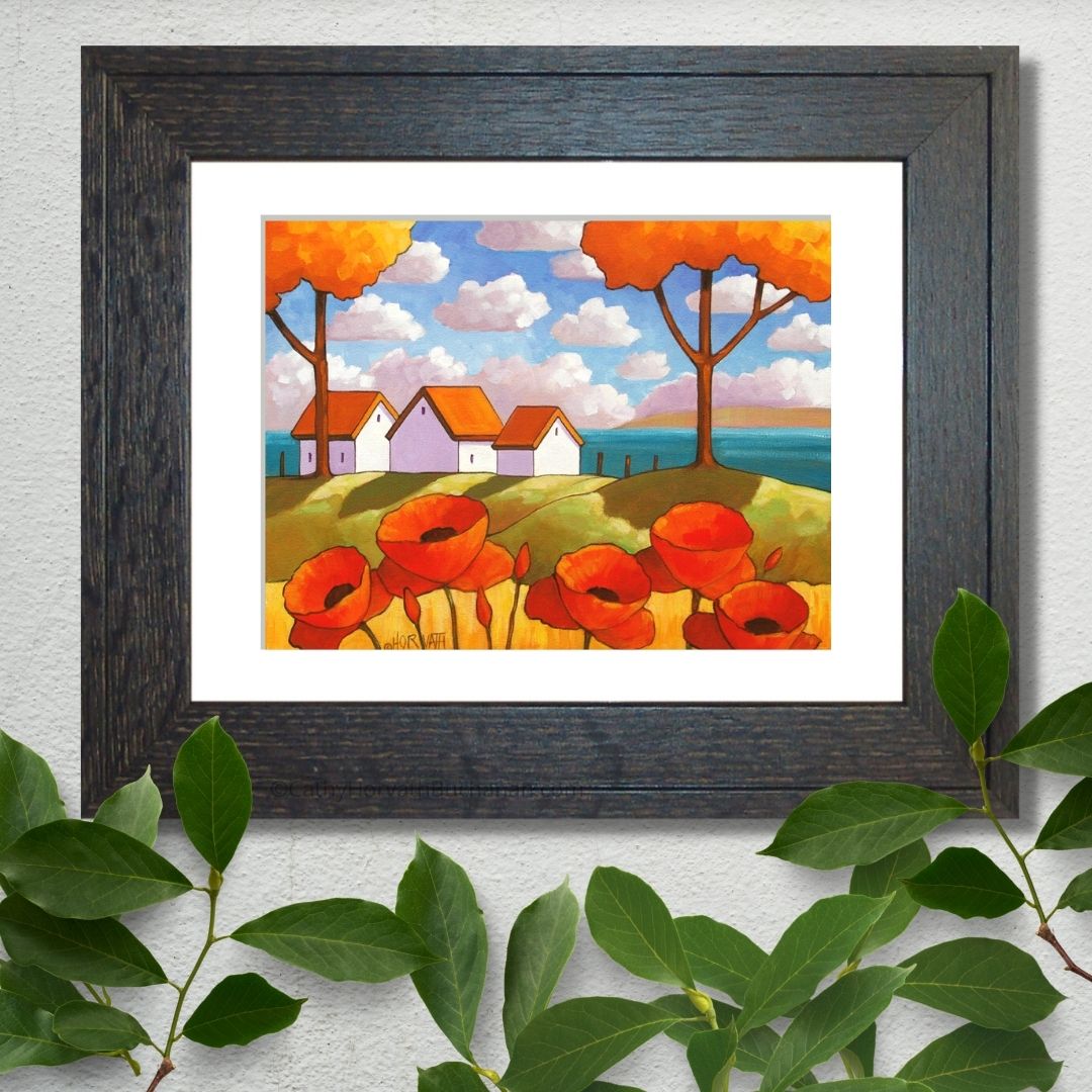 Red Poppies Ocean View, Coastal Modern Folk Art Print Giclee by artist Cathy Horvath Buchanan