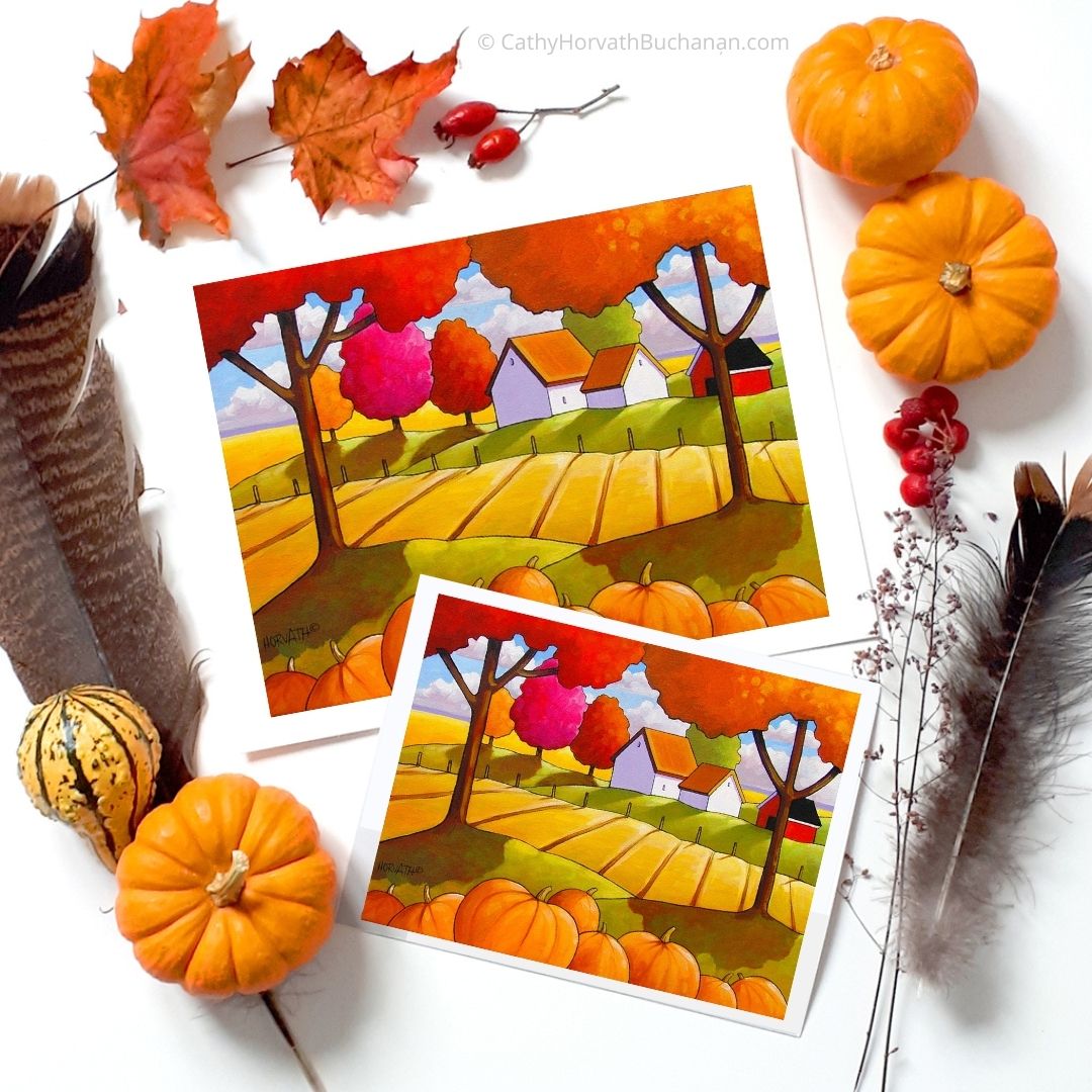 Pumpkins Landscape Folk Art Print, Farmhouse Country Decor by artist Cathy Horvath Buchanan