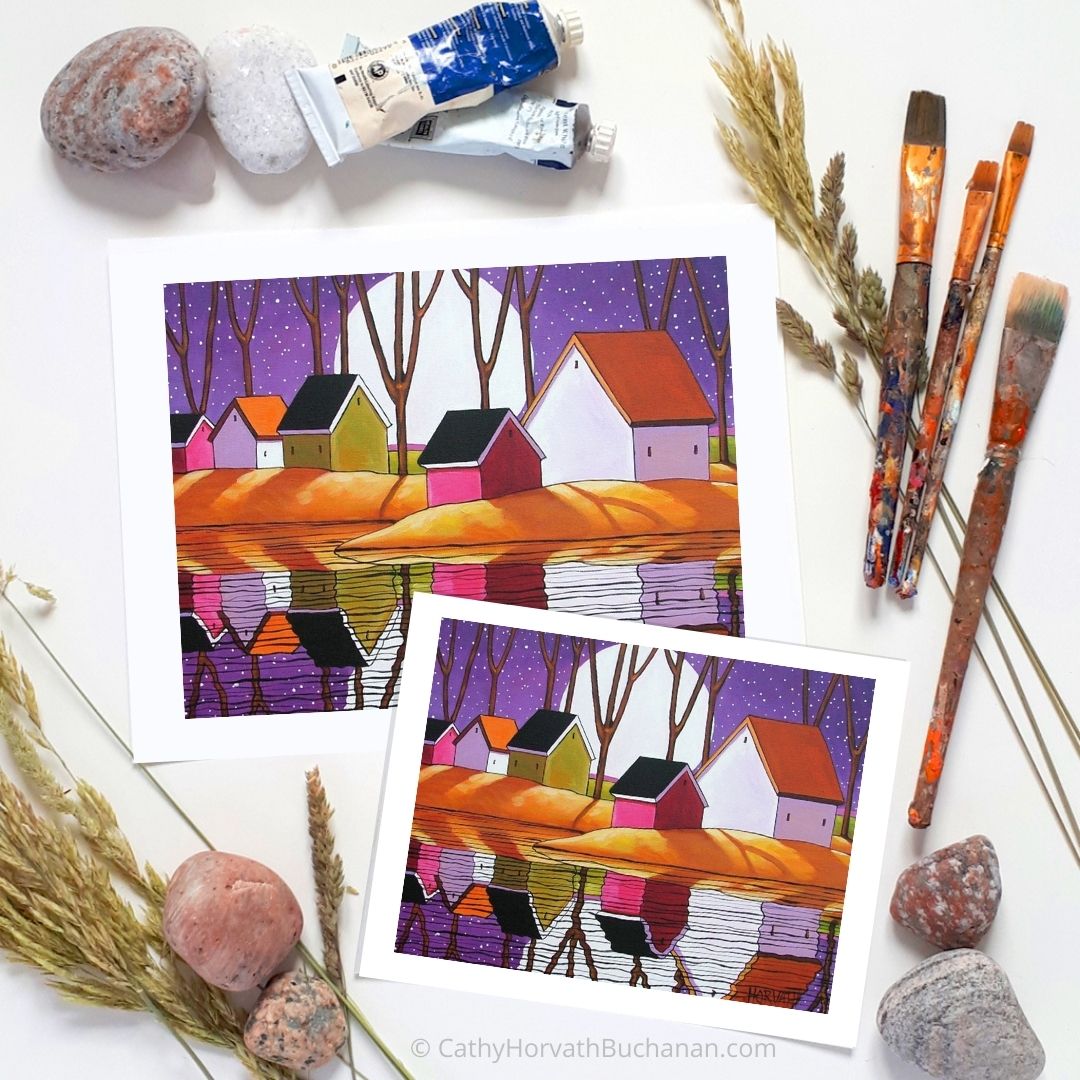Purple Shades Night Folk Art Print, Moon by artist Cathy Horvath Buchanan