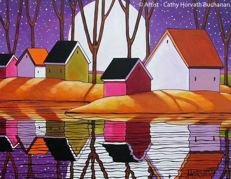 Purple Shades Night Folk Art Print, Moon by artist Cathy Horvath Buchanan