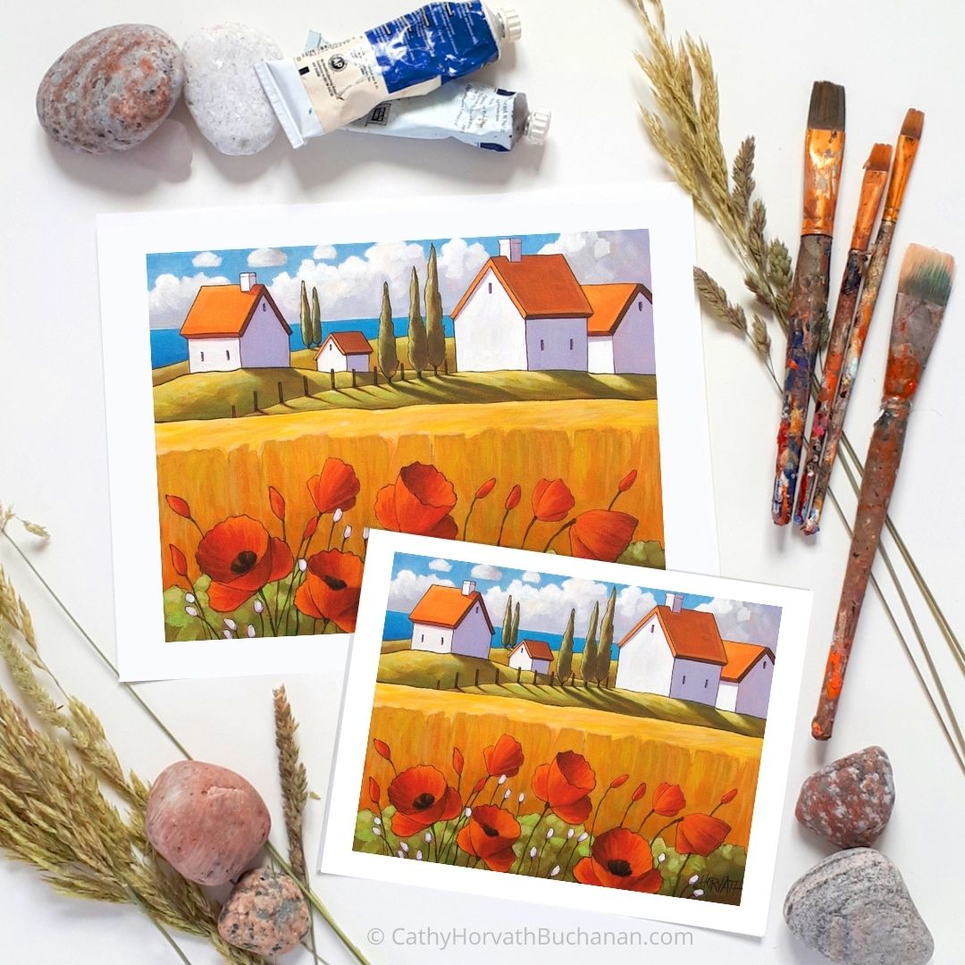 Red Poppies Farm Sea Art Print Home Decor, Wall Art Giclee by artist Cathy Horvath Buchanan