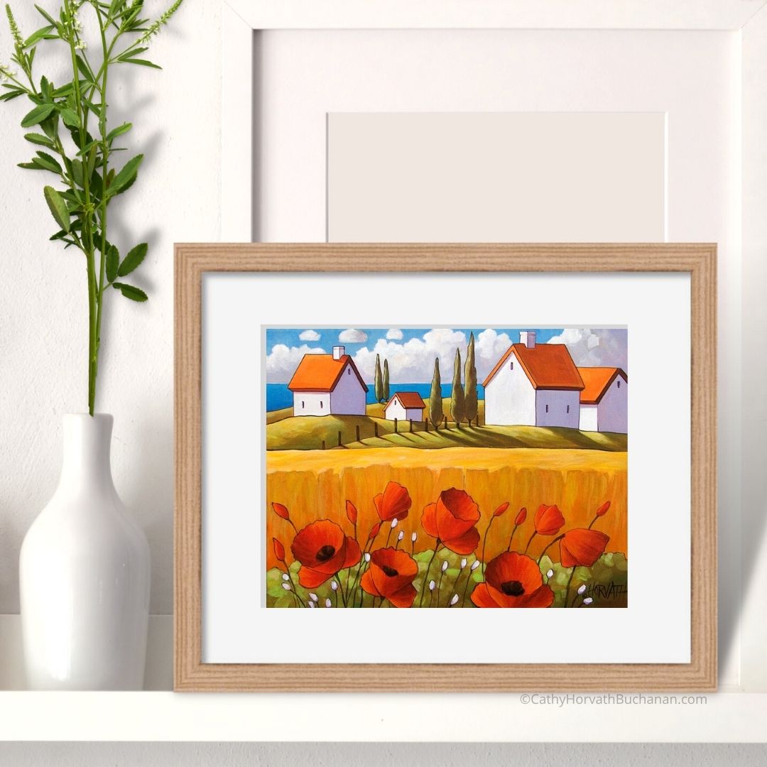 Red Poppies Farm Sea Art Print Home Decor, Wall Art Giclee by artist Cathy Horvath Buchanan
