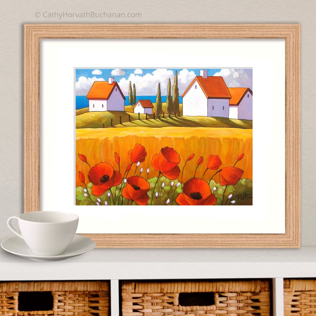 Red Poppies Farm Sea Art Print Home Decor, Wall Art Giclee by artist Cathy Horvath Buchanan