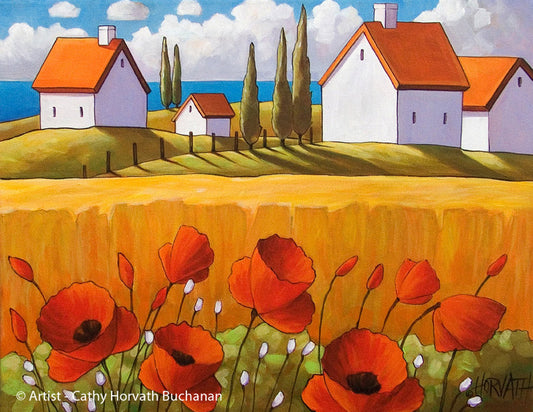 Red Poppies Farm Sea Art Print Home Decor, Wall Art Giclee by artist Cathy Horvath Buchanan