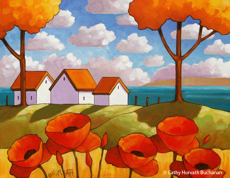 Red Poppies Ocean View, Coastal Modern Folk Art Print Giclee by artist Cathy Horvath Buchanan