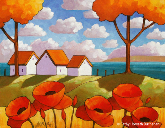 Red Poppies Ocean View, Coastal Modern Folk Art Print Giclee by artist Cathy Horvath Buchanan