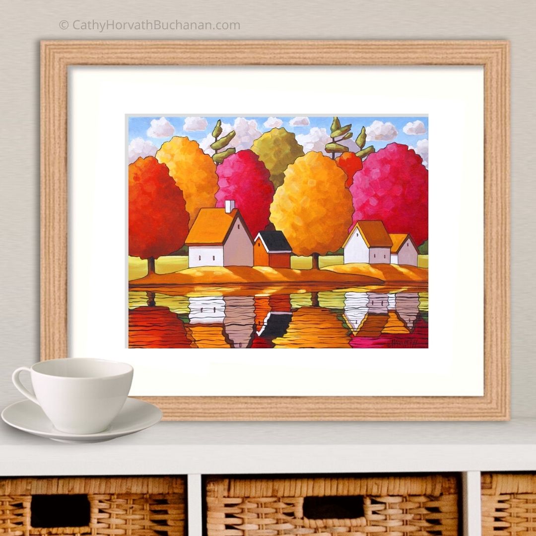 Fall Trees River Reflections Art Print, Autumn Colors Giclee by artist Cathy Horvath Buchanan