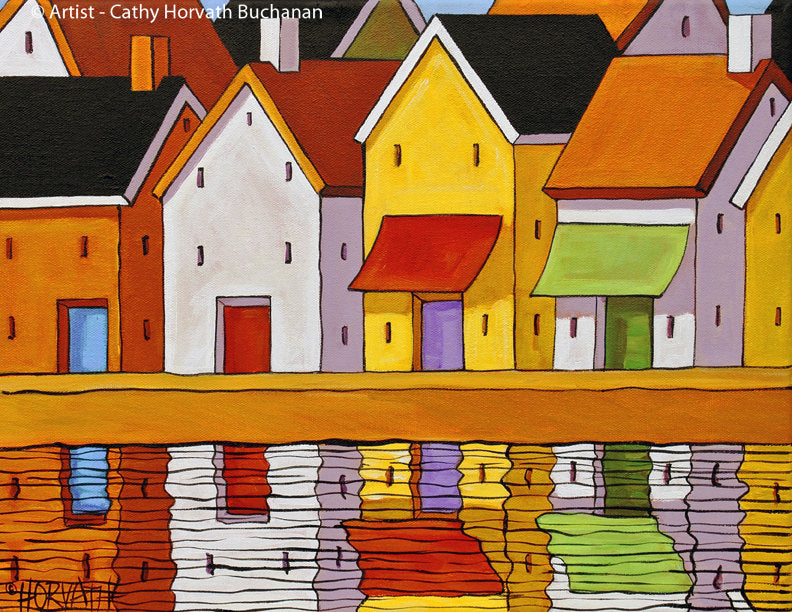 Town Pier Reflections Folk Art Print, Village Harbor Shops Giclee by Cathy Horvath Buchanan