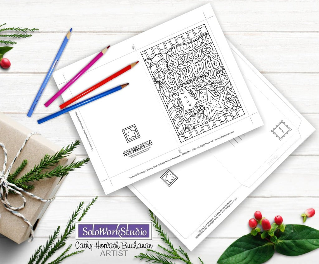 Christmas Holiday Coloring Cards 4 Set Kit + Envelope, PDF Download by Cathy Horvath Buchanan