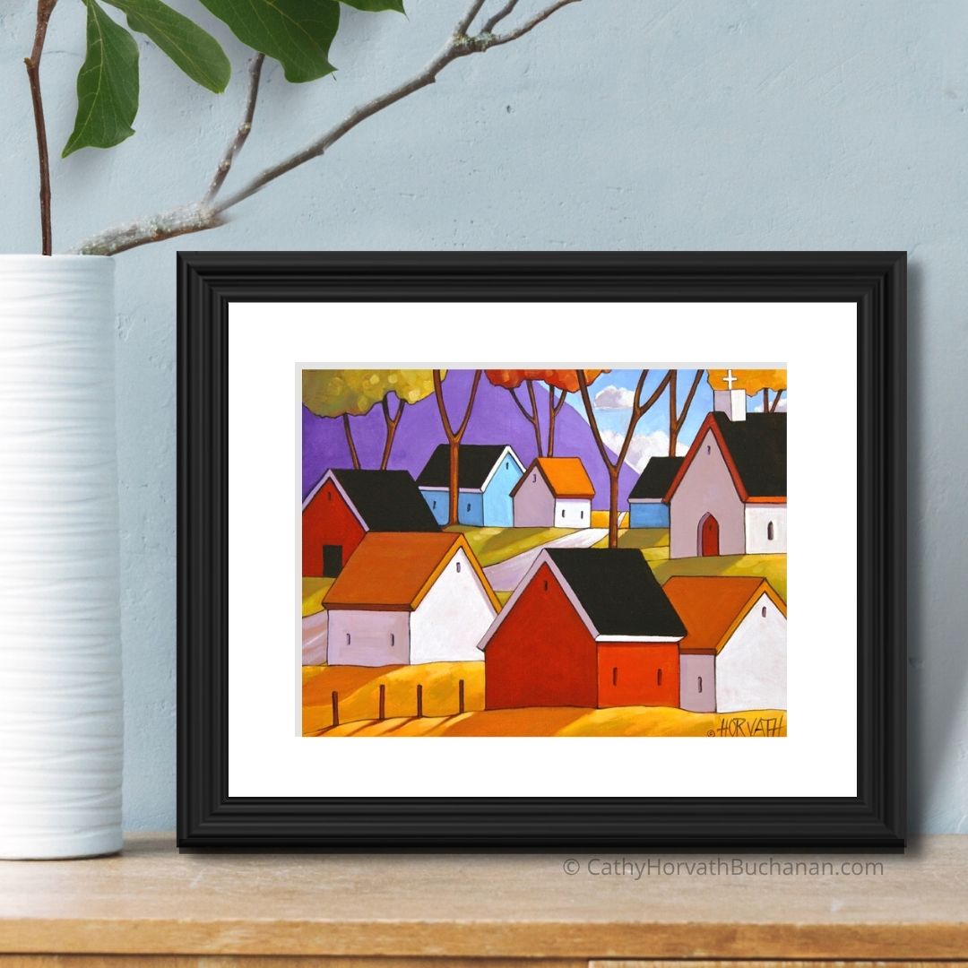 Town Roadway Folk Art Print, Mountain Village Giclee Artwork by Cathy Horvath Buchanan