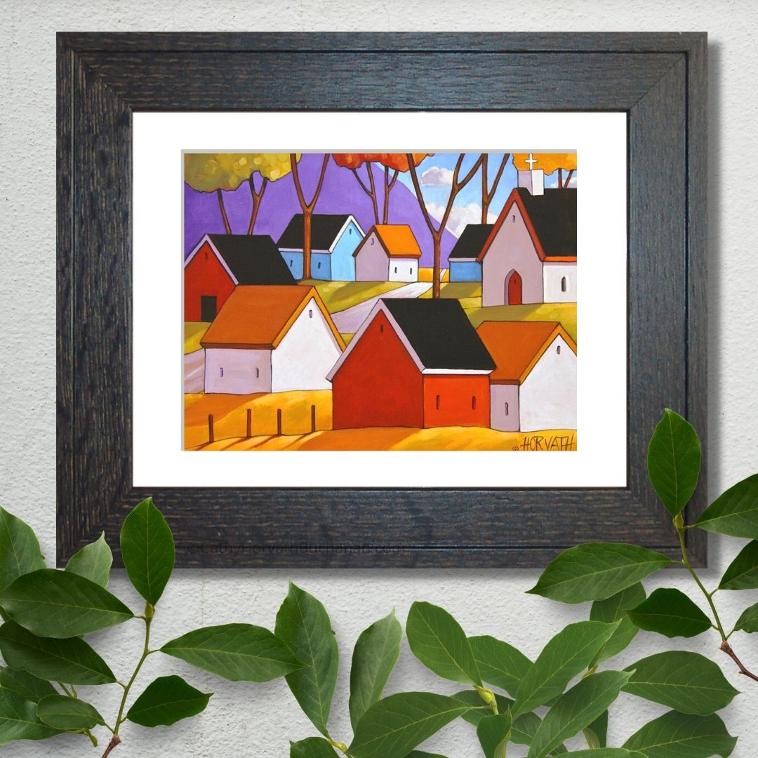 Town Roadway Folk Art Print, Mountain Village Giclee Artwork by Cathy Horvath Buchanan