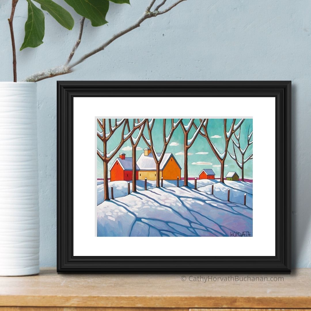 Winter Snow Tree Shadows, Seasonal Folk Art Print, Holiday Decor by Cathy Horvath Buchanan