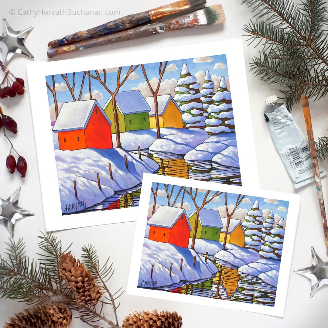 Snowy Day, Winter Stream Reflection Art Print, Christmas Day Giclee by artist Cathy Horvath Buchanan