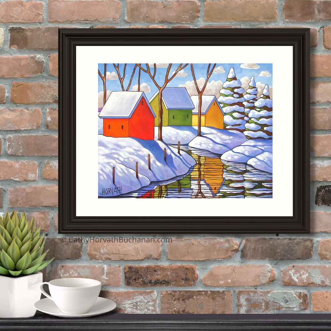 Snowy Day, Winter Stream Reflection Art Print, Christmas Day Giclee by artist Cathy Horvath Buchanan