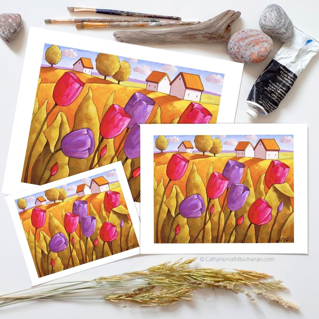 Pink Purple Spring Tulips Landscape, Flower Garden Folk Art Print, Easter Giclee by artist Cathy Horvath Buchanan