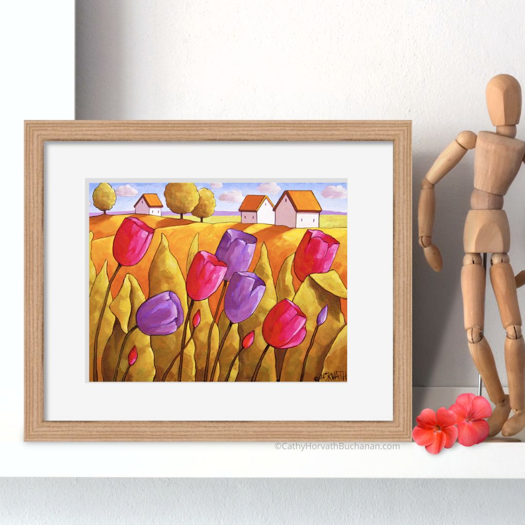 Pink Purple Spring Tulips Landscape, Flower Garden Folk Art Print, Easter Giclee by artist Cathy Horvath Buchanan