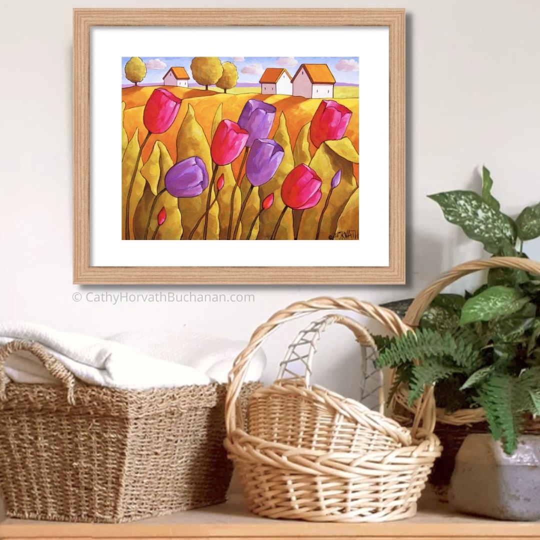 Pink Purple Spring Tulips Landscape, Flower Garden Folk Art Print, Easter Giclee by artist Cathy Horvath Buchanan