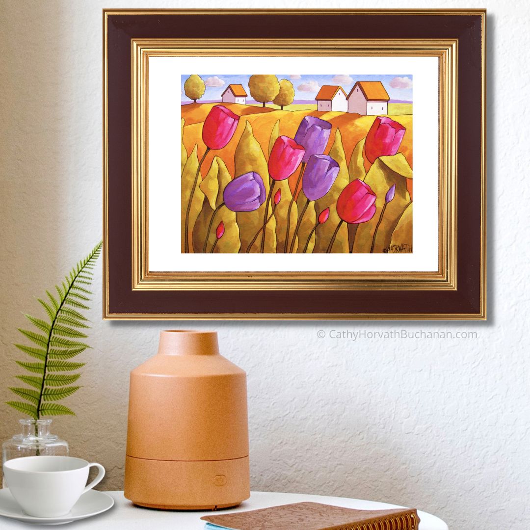 Pink Purple Spring Tulips Landscape, Flower Garden Folk Art Print, Easter Giclee by artist Cathy Horvath Buchanan