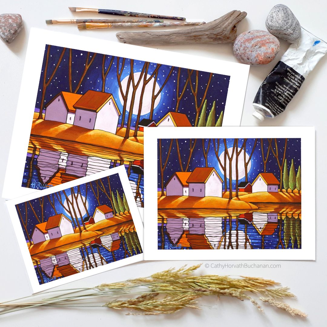 Blue Starry Night Moon Water Reflection Giclee Art Print by artist Cathy Horvath Buchanan