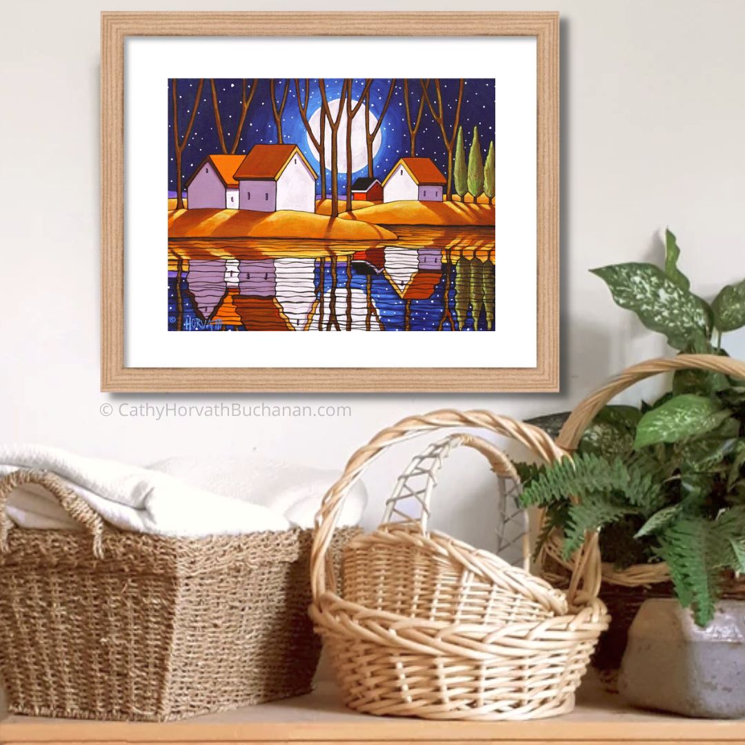 Blue Starry Night Moon Water Reflection Giclee Art Print by artist Cathy Horvath Buchanan