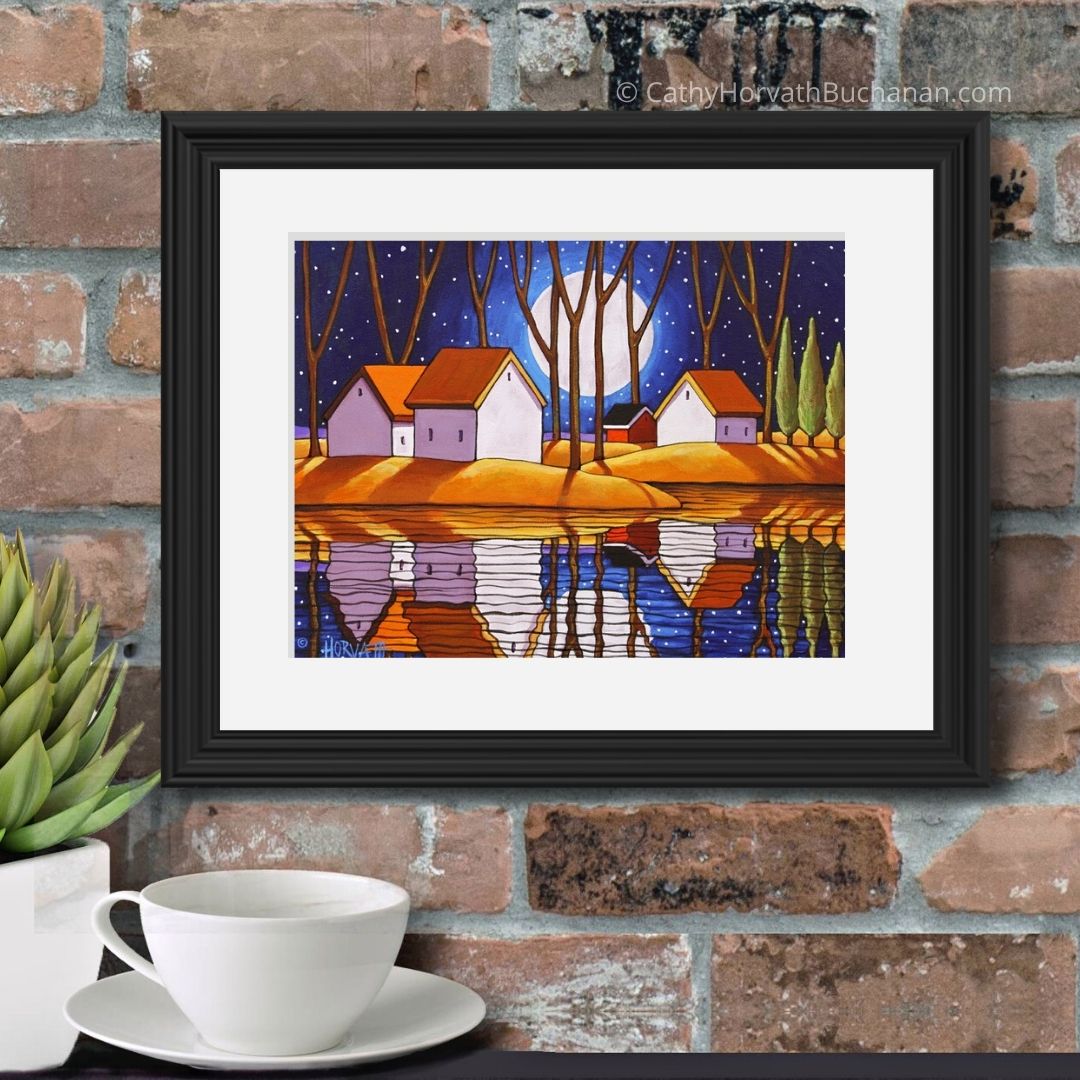 Blue Starry Night Moon Water Reflection Giclee Art Print by artist Cathy Horvath Buchanan