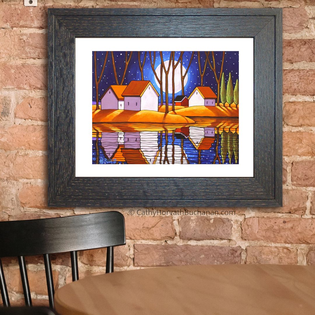 Blue Starry Night Moon Water Reflection Giclee Art Print by artist Cathy Horvath Buchanan