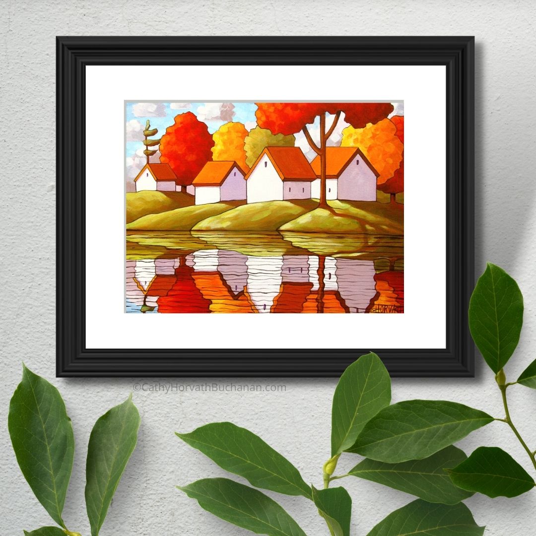 Summer Cottage View, Folk Art Print Landscape Giclee by artist Cathy Horvath Buchanan