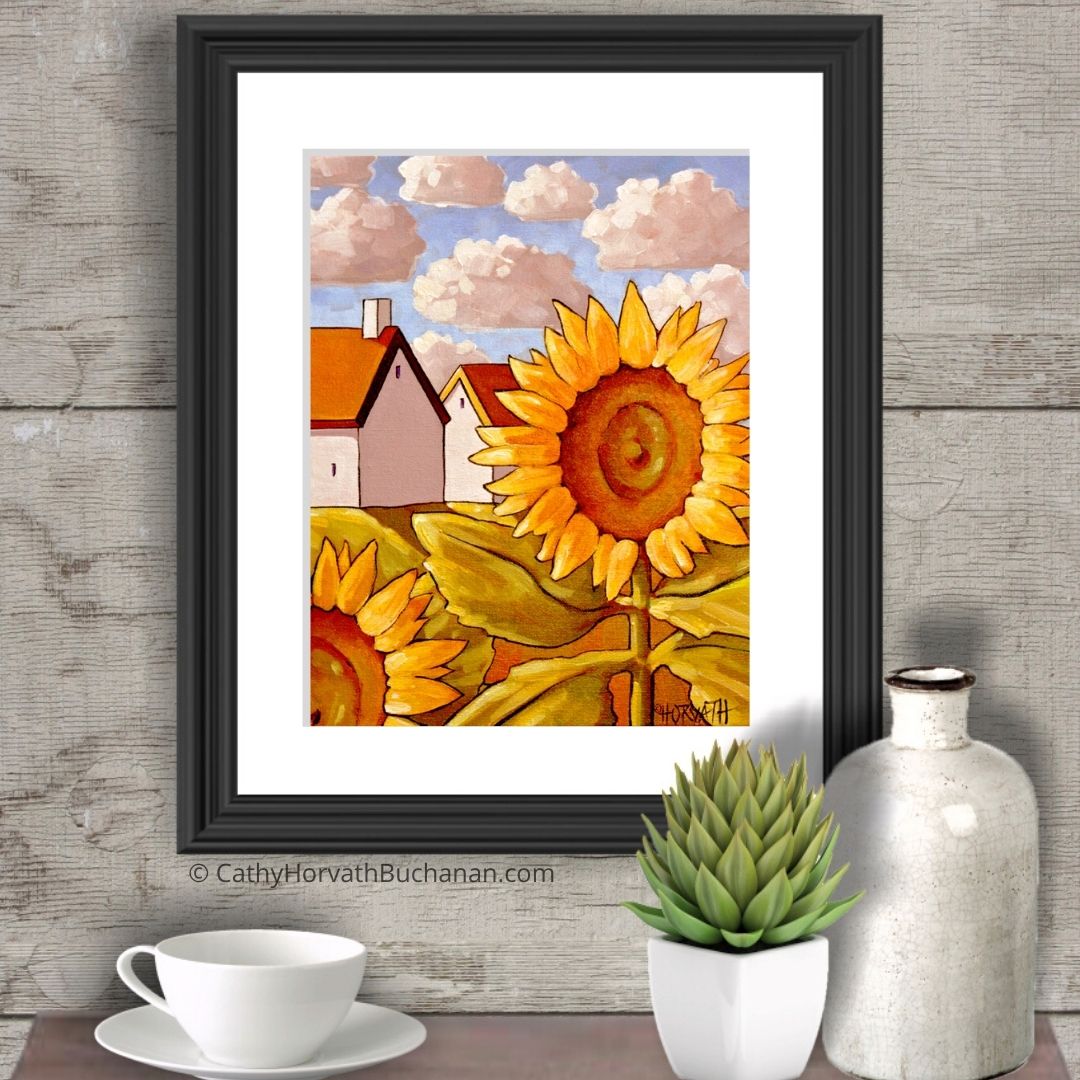 Sunflowers Cottages Scenic View Giclee, Garden Art Print  by Cathy Horvath Buchanan