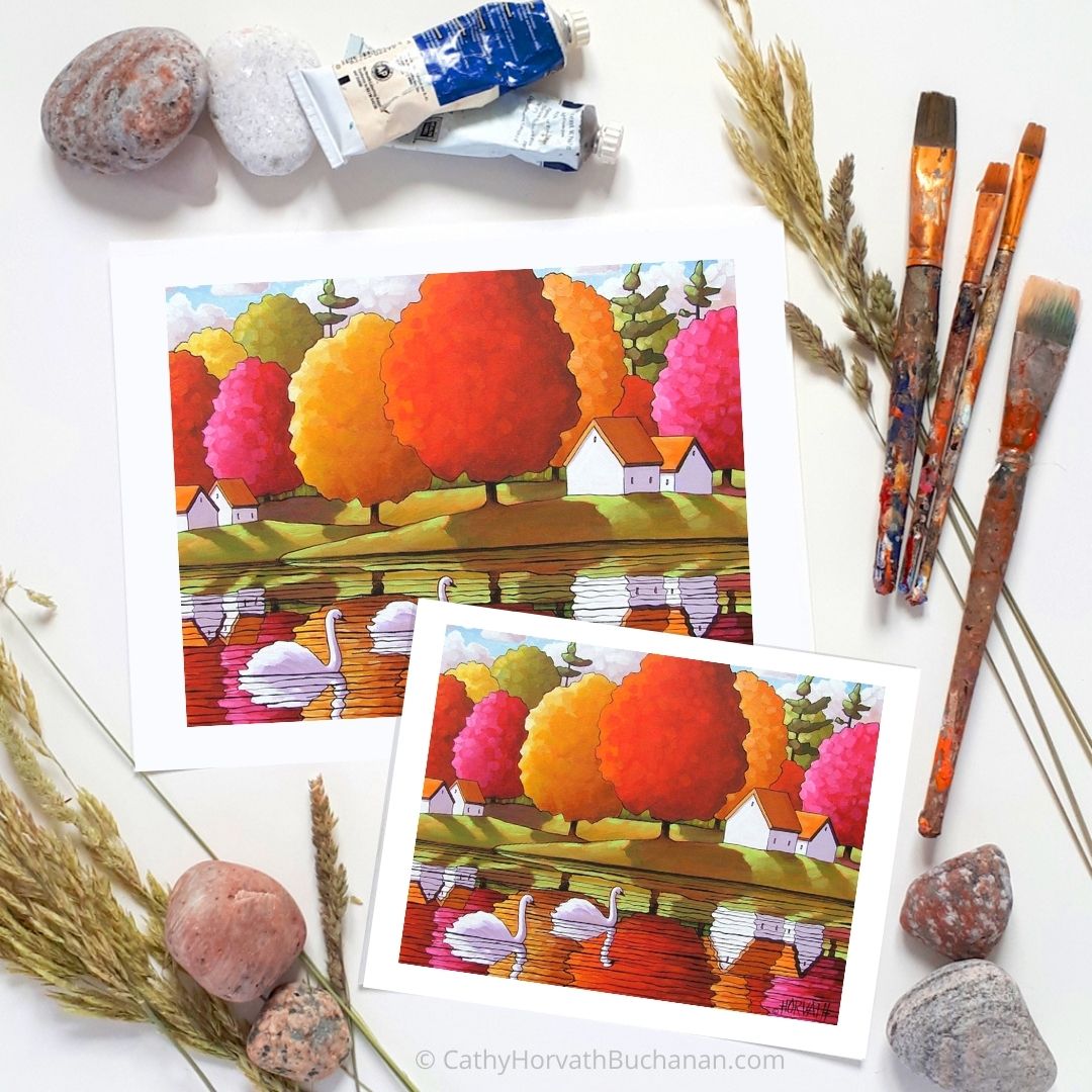 Swans Water Reflection Colors Art Print, Home Wall Decor Giclee by artist Cathy Horvath Buchanan