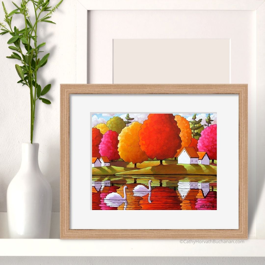 Swans Water Reflection Colors Art Print, Home Wall Decor Giclee by artist Cathy Horvath Buchanan