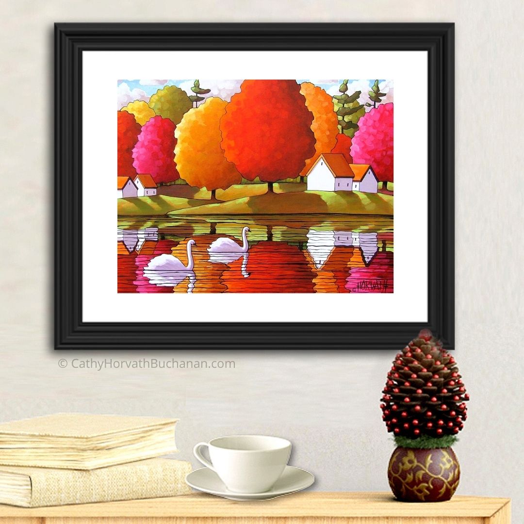 Swans Water Reflection Colors Art Print, Home Wall Decor Giclee by artist Cathy Horvath Buchanan