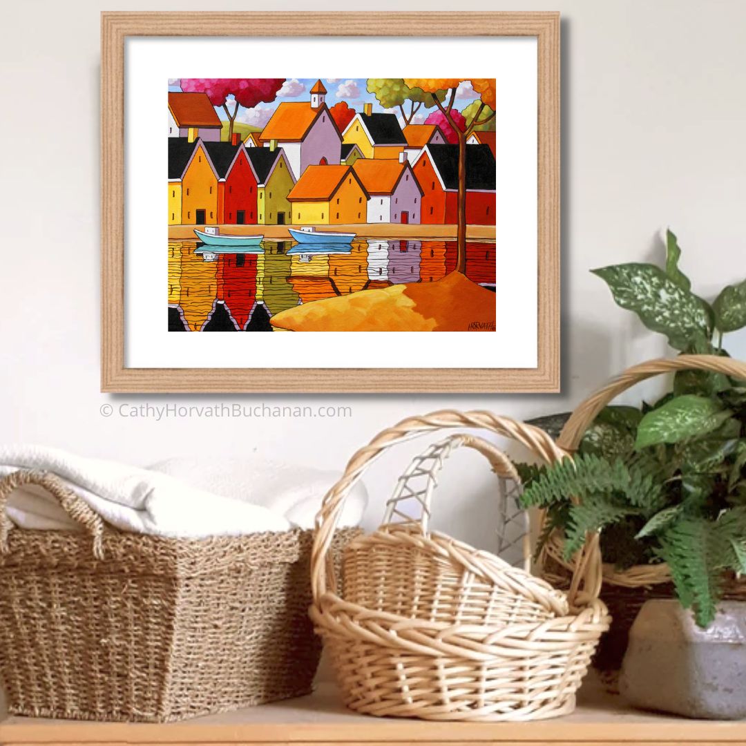 Town Harbor Reflection Art Print, Waterside Village & Boats Landscape Giclee by Cathy Horvath Buchanan
