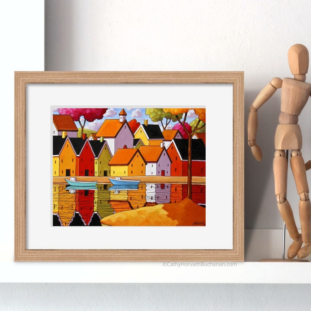 Town Harbor Reflection Art Print, Waterside Village & Boats Landscape Giclee by Cathy Horvath Buchanan